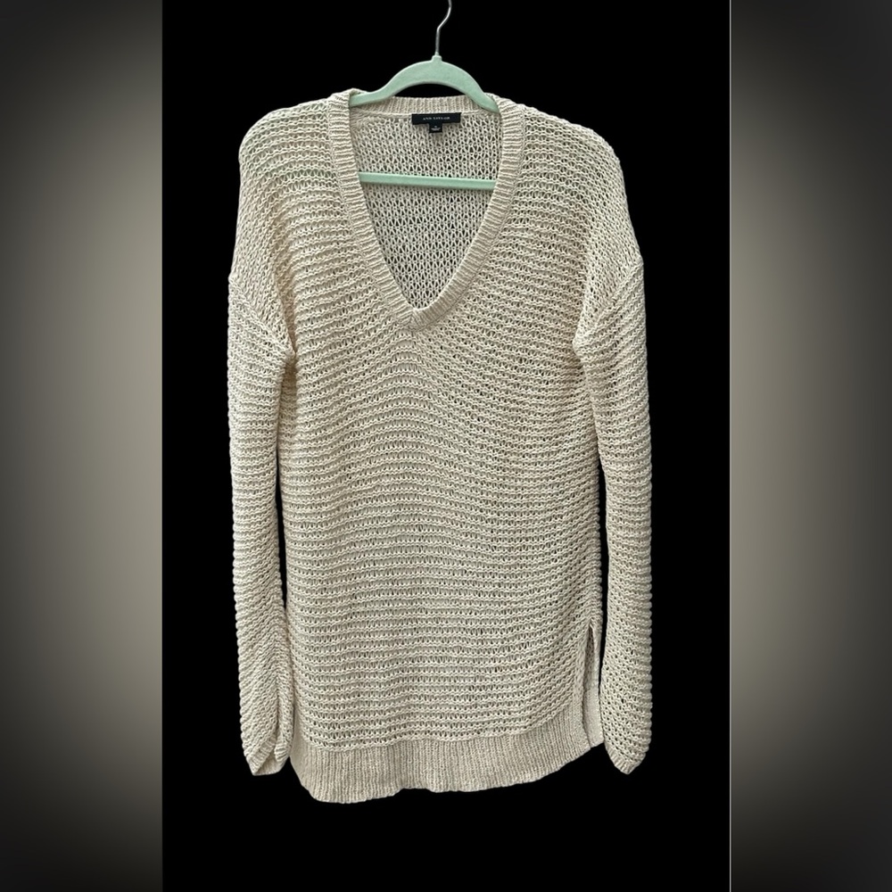 Ann Taylor Soft Cream V-Neck Loose Knit Sweater-Long line - Coastal
